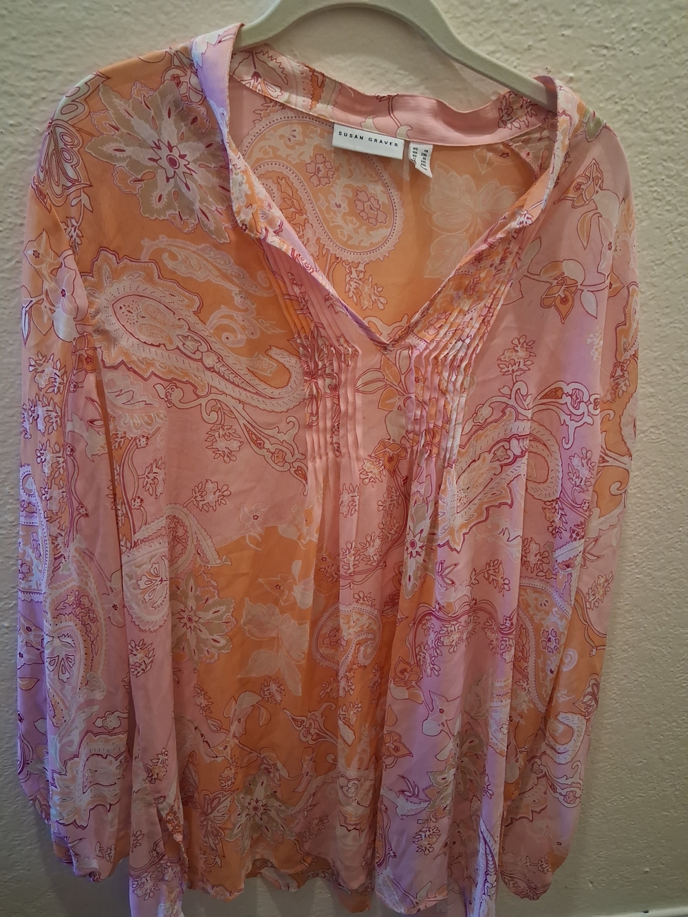 Susan Graver Pink & Orange Paisley Sheer V-Neck Blouse